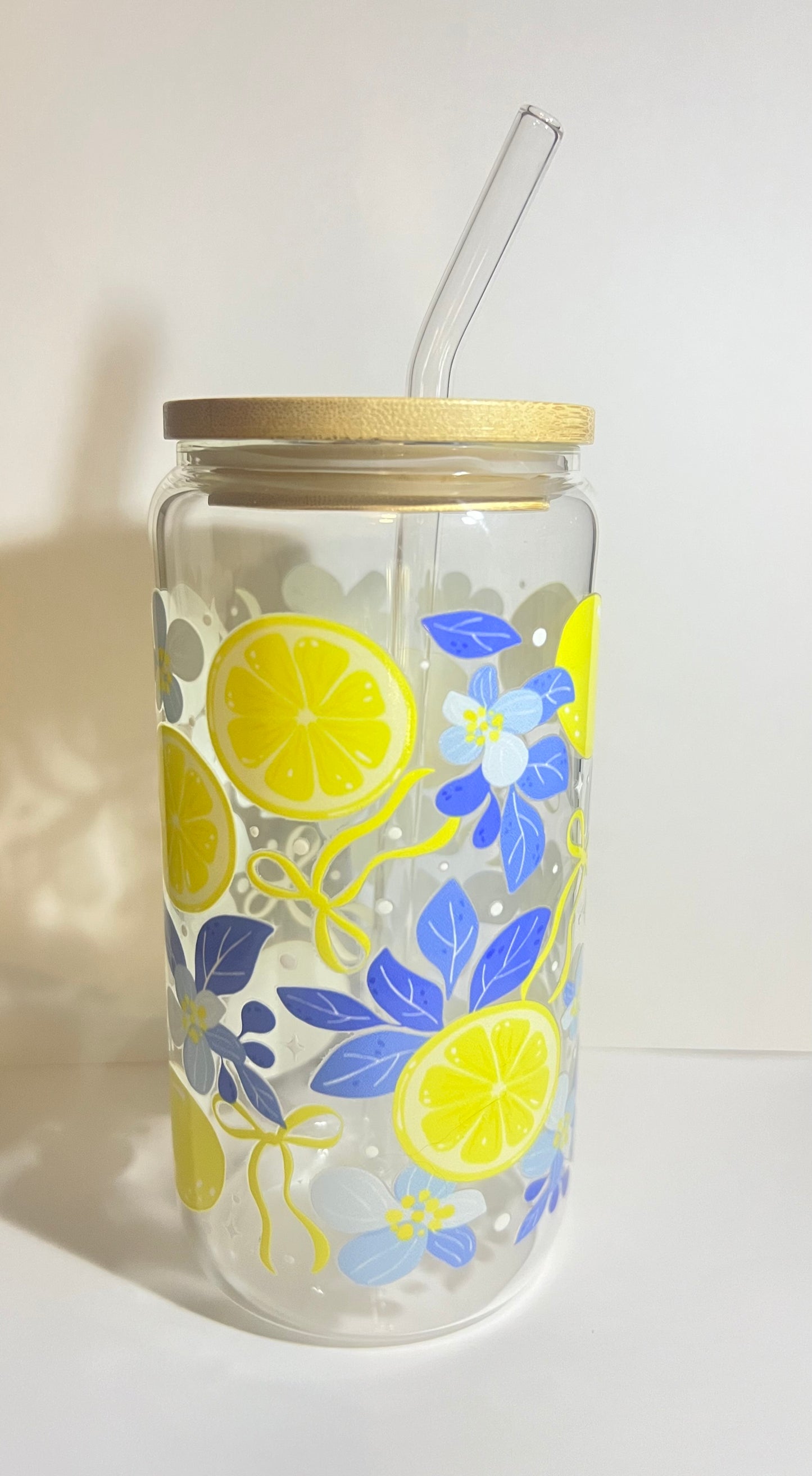 Lemon Bloom Glass Can Cup with Bamboo Lid & Glass Straw 🍋💙
