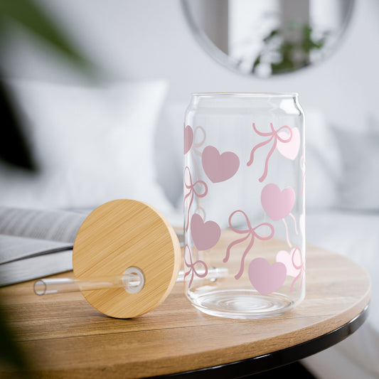 Hearts and bows 16oz glass tumbler – cute Valentine's drinkware gift for her | Crafted Prints UK
