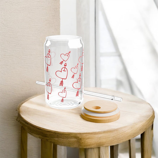 Arrow heart 16oz glass tumbler – romantic arrow and heart design drinkware gift for her | Crafted Prints UK