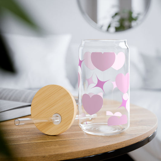 Heart and sparkles 16oz glass tumbler – glittery romantic drinkware gift for her | Crafted Prints UK