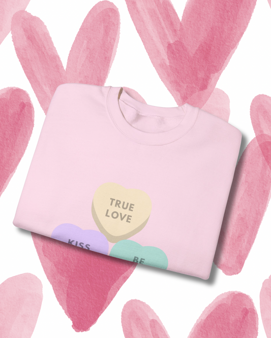love hearts "true love, kiss me, be mine" sweatshirt