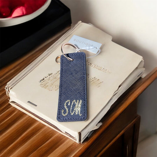 Monogram Leather Key Tag — Navy with Gold SM