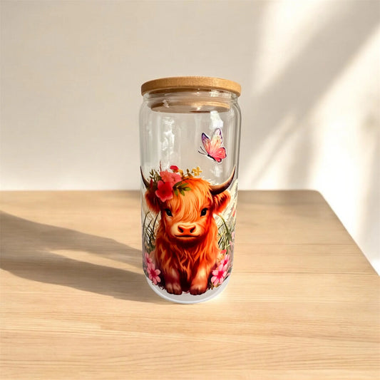 Highland cow floral 16oz glass tumbler – cute Scottish animal design drinkware gift for her | Crafted Prints UK