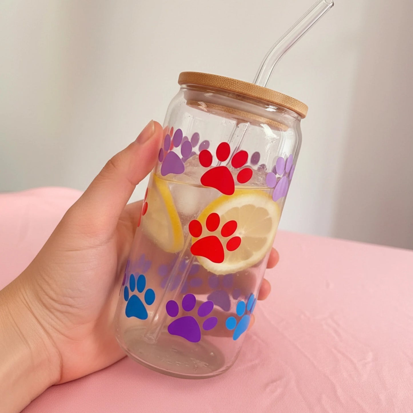 Paw print 16oz glass tumbler with bamboo lid – cute pet lover drinkware gift for dog and cat owners | Crafted Prints UK