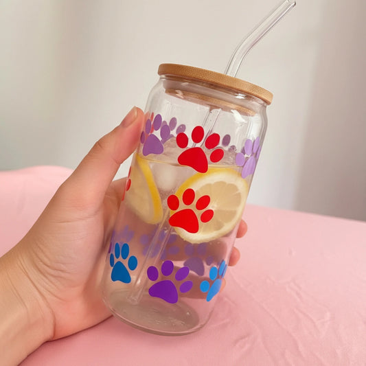 Paw print 16oz glass tumbler with bamboo lid – cute pet lover drinkware gift for dog and cat owners | Crafted Prints UK
