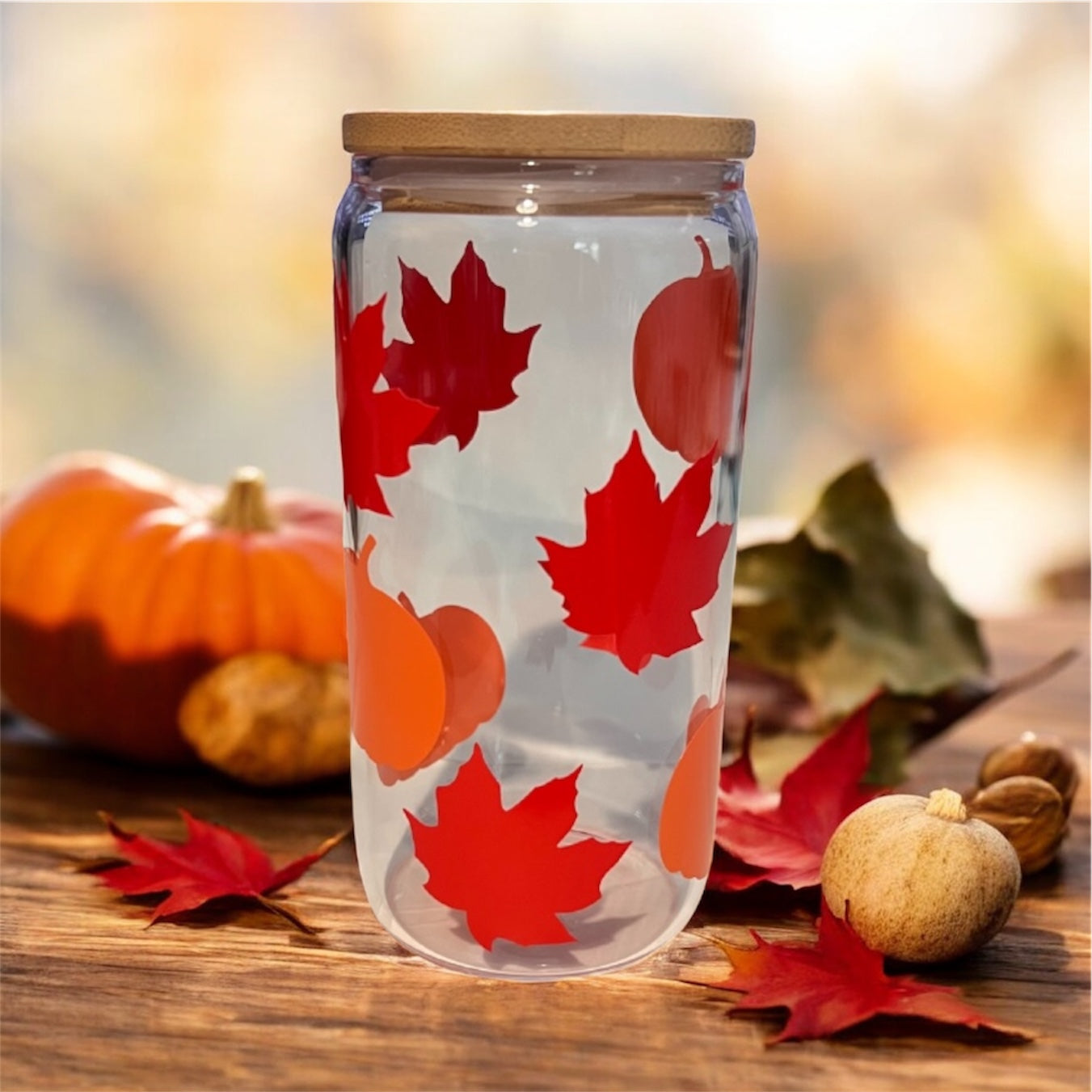 Autumn Maple Glass Tumbler with Bamboo Lid