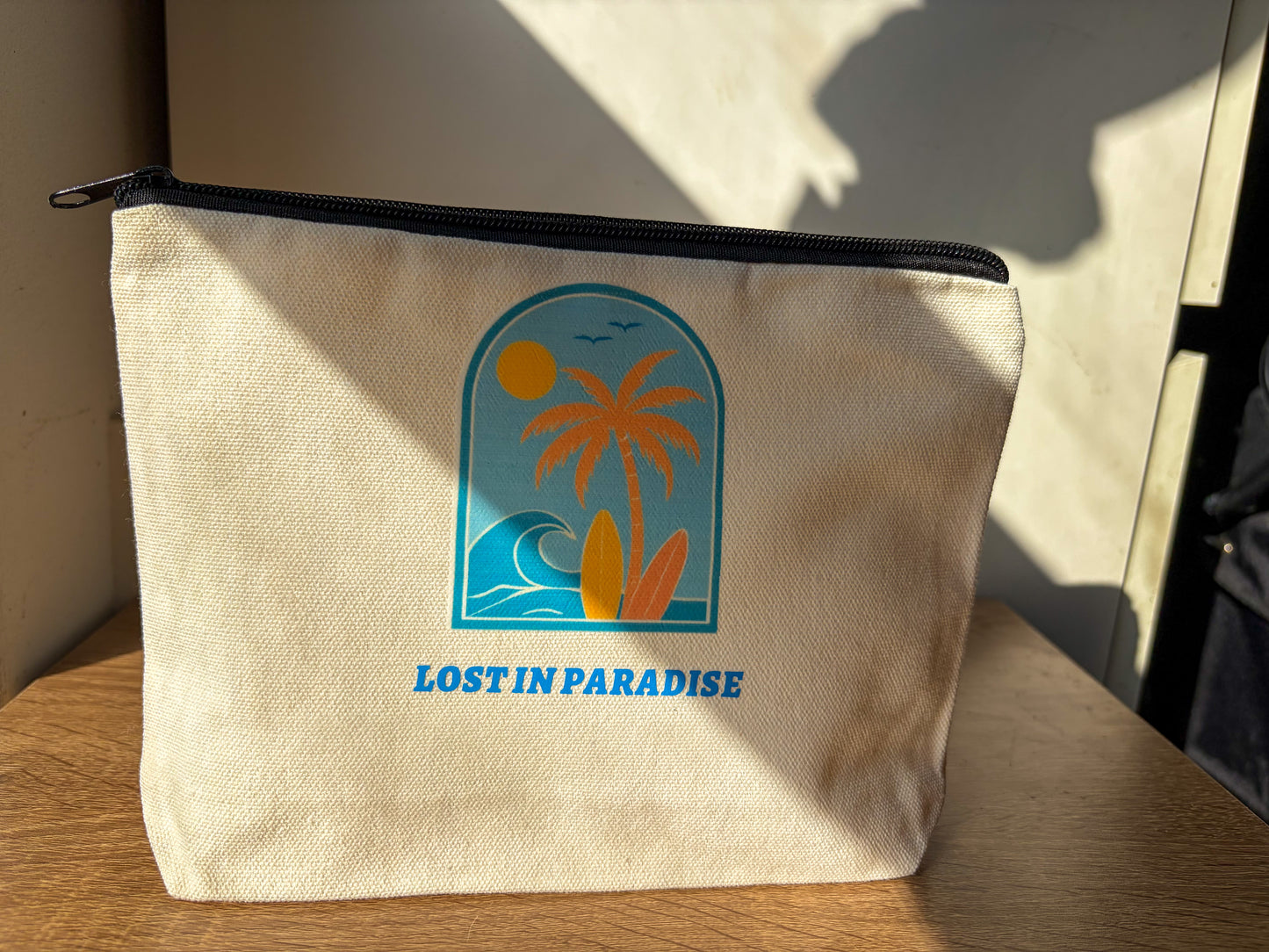 🏝️ “Lost in Paradise” Canvas Pouch – Travel & Essentials Bag