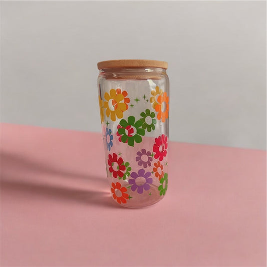 Retro Floral Glass 16oz Tumbler