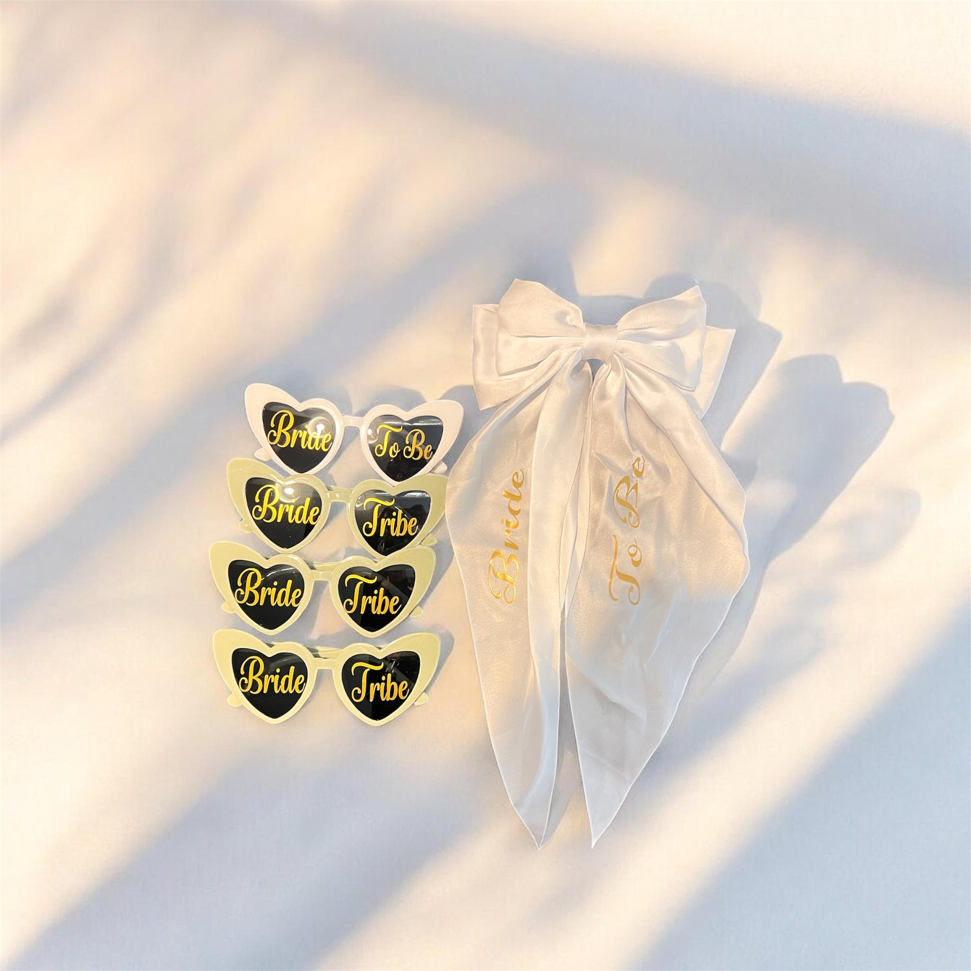 Bride To Be bundle with heart shaped bridal sunglasses and satin hair bow – bachelorette party accessories gift set | Crafted Prints UK