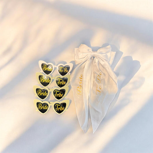 Bride To Be bundle with heart shaped bridal sunglasses and satin hair bow – bachelorette party accessories gift set | Crafted Prints UK