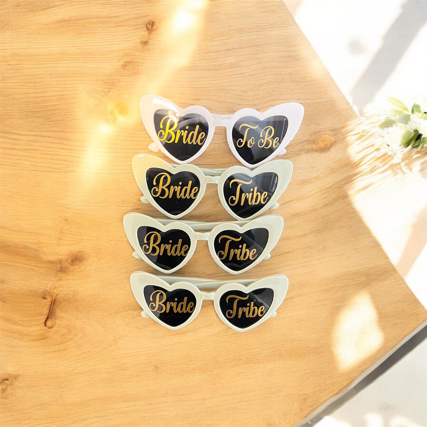 Bride To Be and Bride Tribe heart shaped sunglasses set – fun bachelorette party accessory gift | Crafted Prints UK