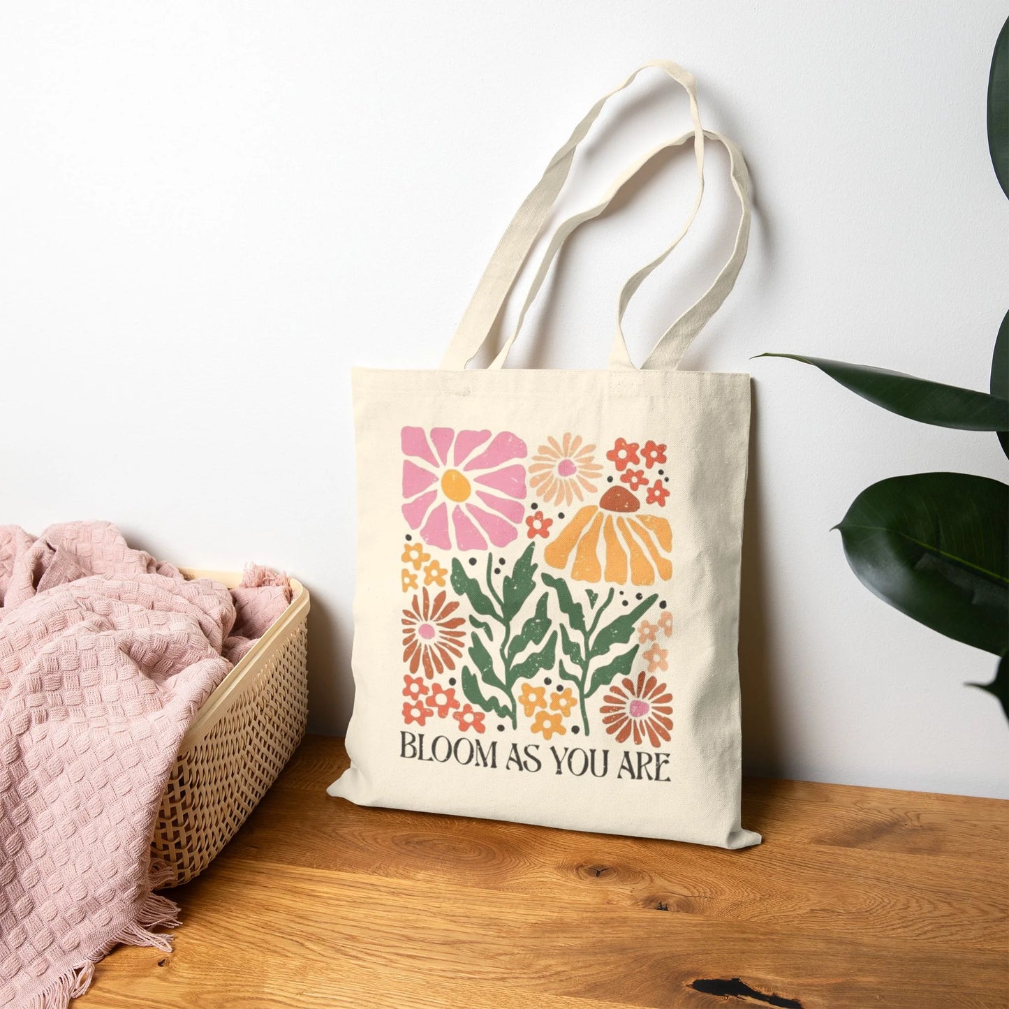 “Bloom As You Are” Floral Canvas Tote Bag
