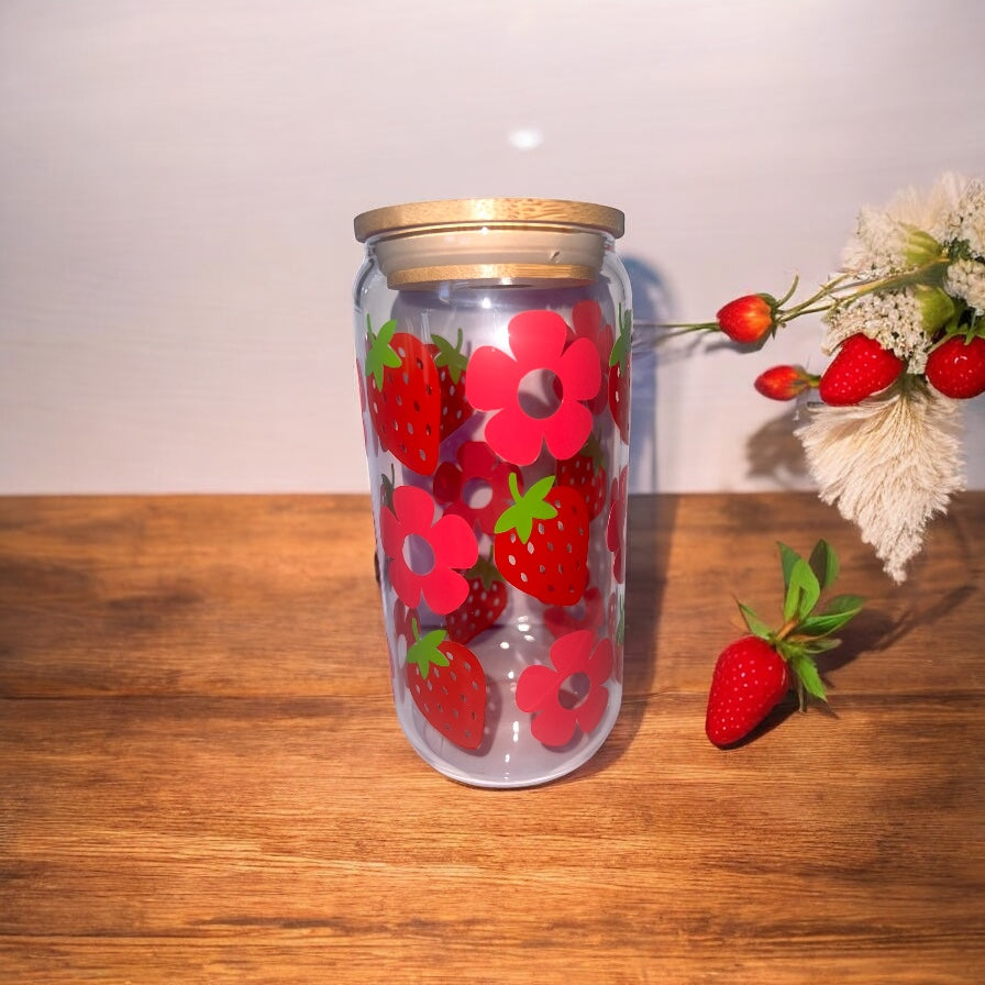 Strawberry Bloom Glass Jar with Bamboo Lid