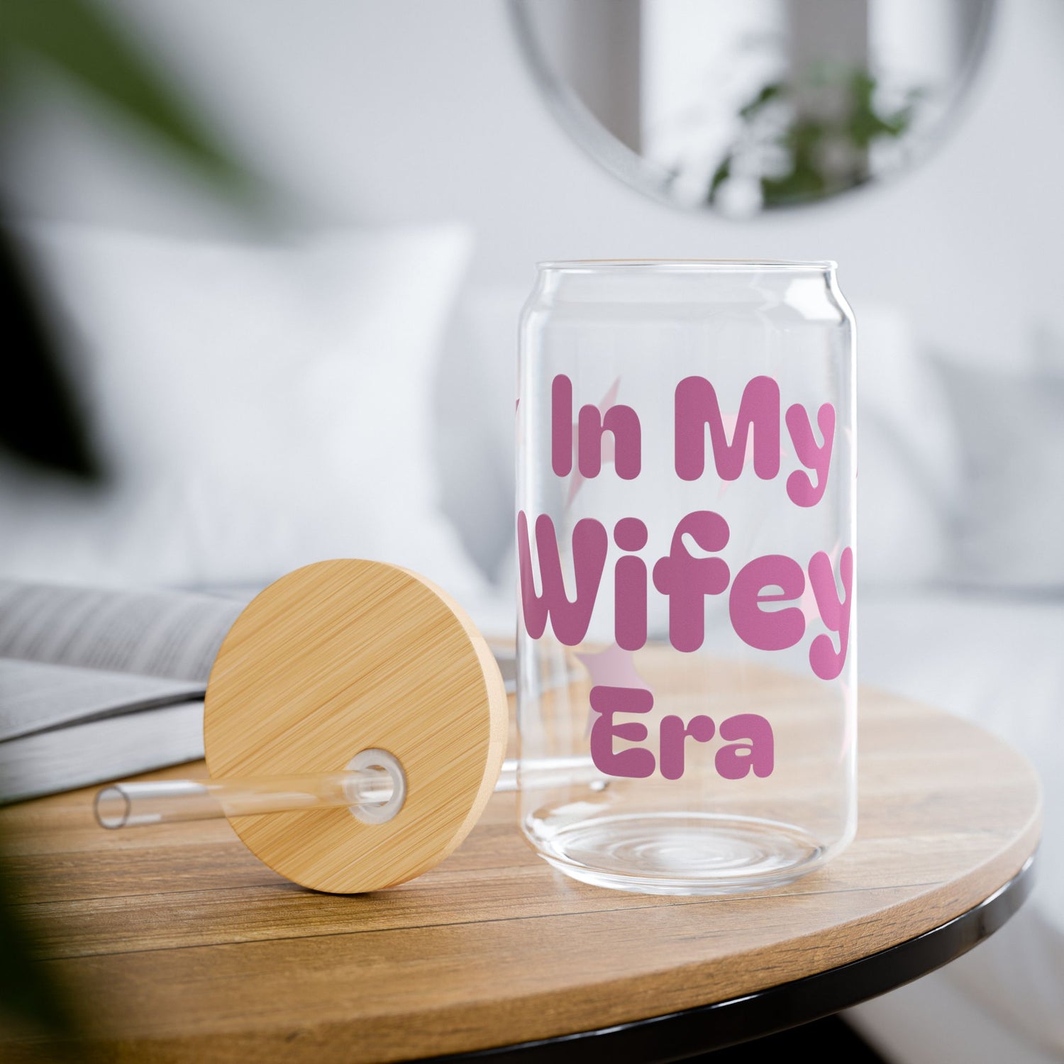 Wifey Era 16oz glass can tumbler with bamboo lid and glass straw – fun bride gift for wedding and bachelorette | Crafted Prints UK