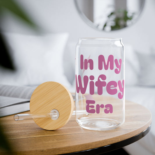 Wifey Era 16oz glass can tumbler with bamboo lid and glass straw – fun bride gift for wedding and bachelorette | Crafted Prints UK
