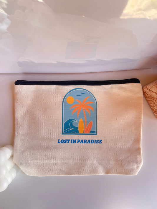 🏝️ “Lost in Paradise” Canvas Pouch – Travel & Essentials Bag
