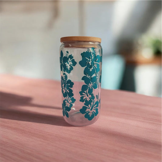 Hawaiian floral 16oz glass tumbler – tropical flower design drinkware gift for her | Crafted Prints UK