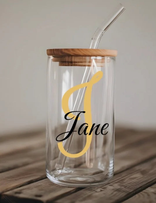 Personalised 16oz glass can with bamboo lid and glass straw – custom name drinkware gift for her | Crafted Prints UK
