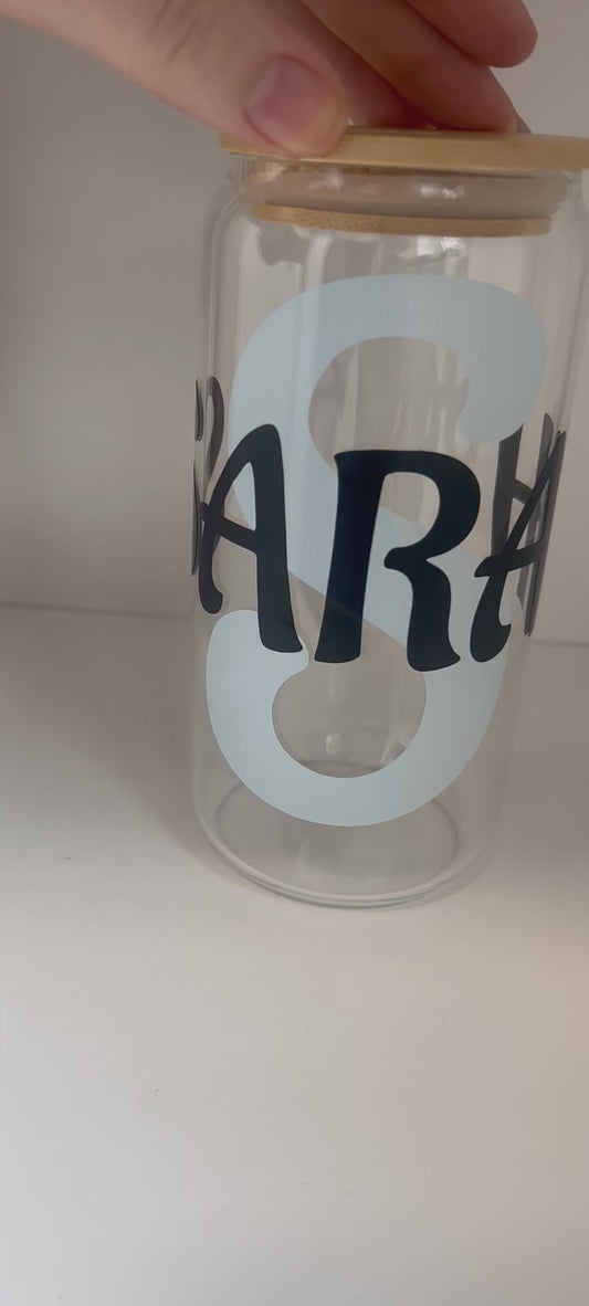 Personalised 16oz glass can with bamboo lid and glass straw – custom name drinkware gift for her | Crafted Prints UK